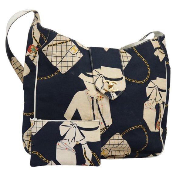 CHANEL Shoulder Bag Canvas Navy CC Auth 107861